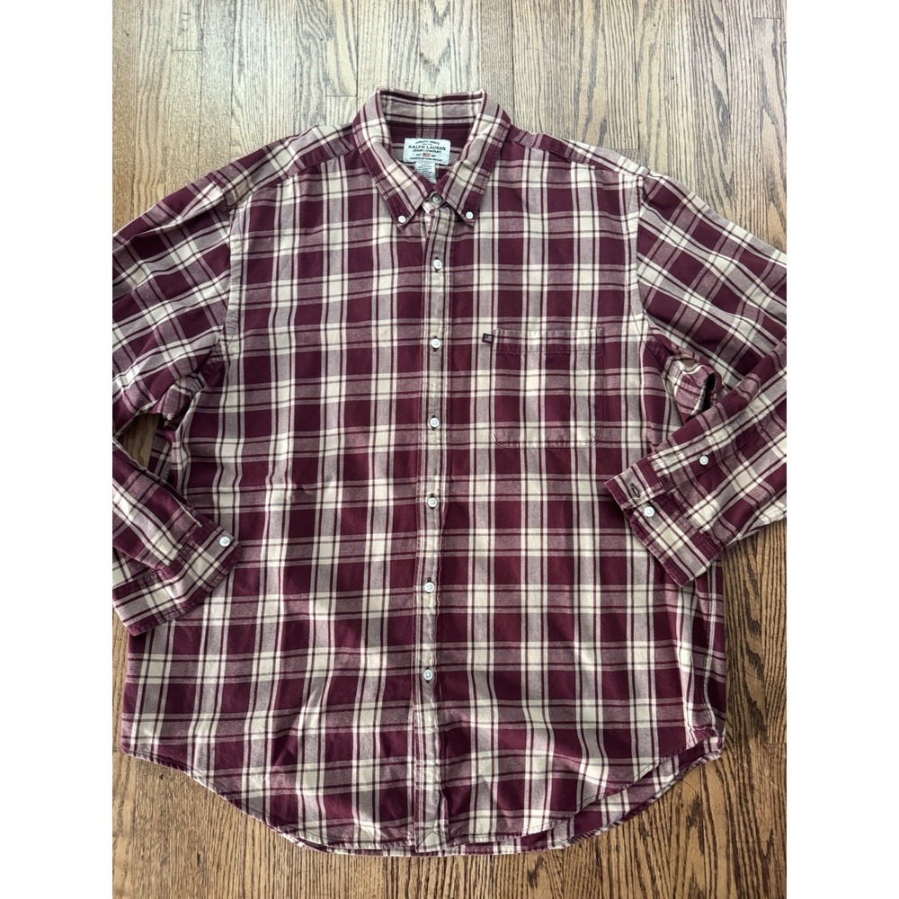 Ralph Lauren Jeans Co Mens XL Plaid Flannel Shirt Burgundy Cotton Button Down